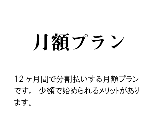 月額プラン ► 12ヶ月間で分割払いする月額プランです。少額で始められるメリットがあります。